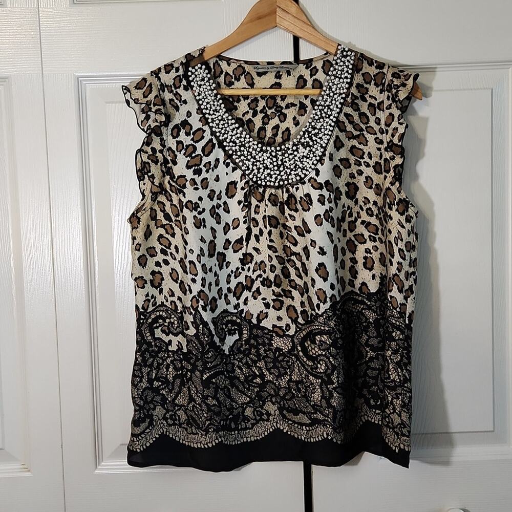 Signature By Larry Levine Leopard Print Cap Sleeve Mesh Faux Pearls Blouse Sz PL